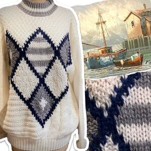 Vintage fisherman’s sweater chunky cable knit maritime‎ nautical 80s  navy blue
